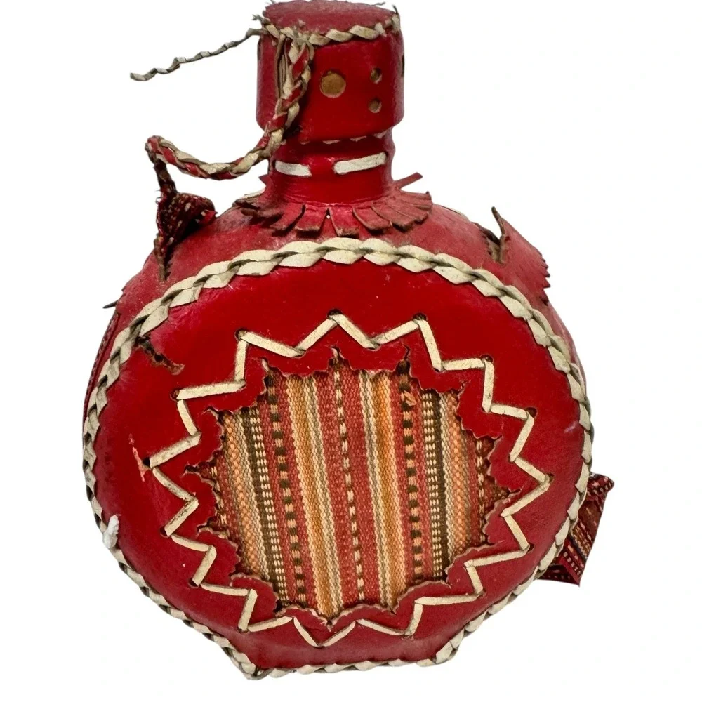 Vintage Red Leather Wrapped Glass Canteen Woven Strap Southwestern Folk Art Boho